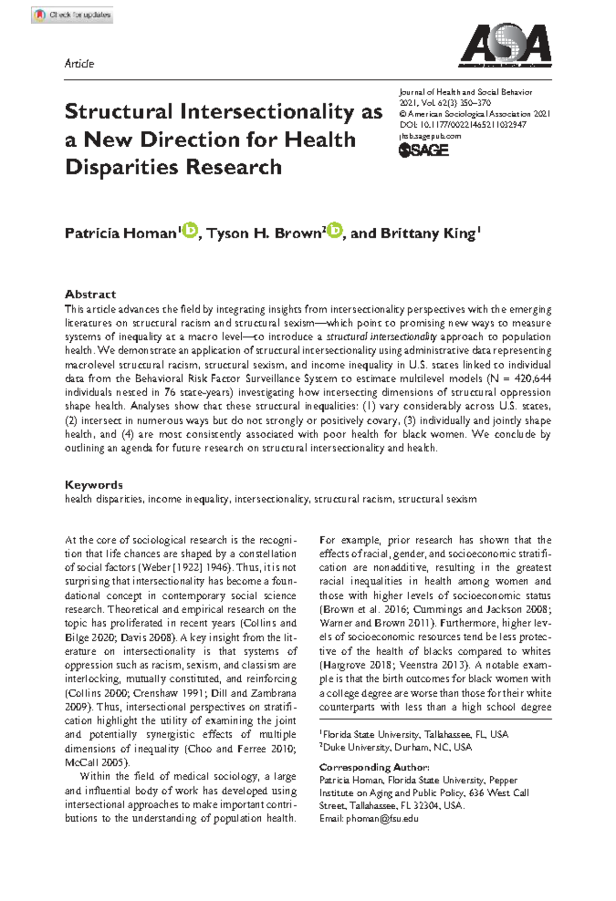 Structural Intersectionality in Health Disparities Research: A New ...