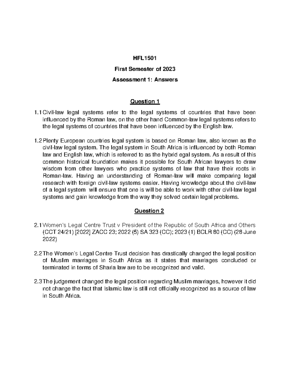 HFL1501 Assessment 1: Answers and Legal System Insights - Studocu