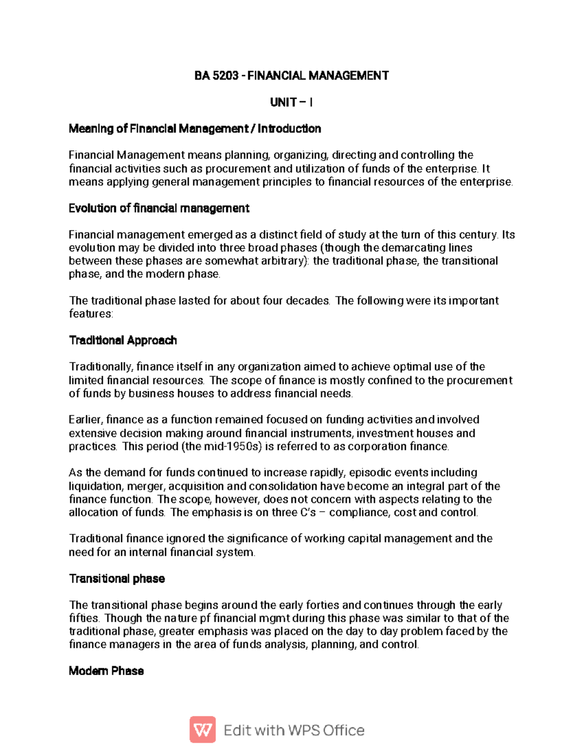 FM Unit I Notes - SUMMARY ABOUT UNIT 1 FINANCIAL MANAGEMENT - BA 5203 ...