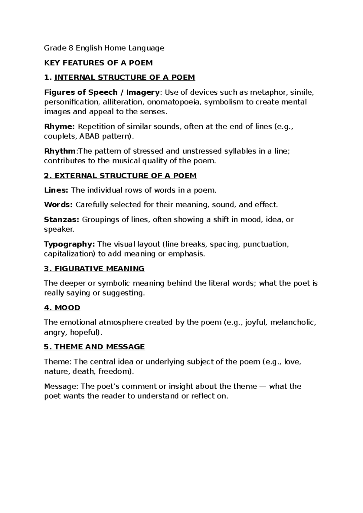 Grade 8 English: Key Features of a Poem & Activity on 