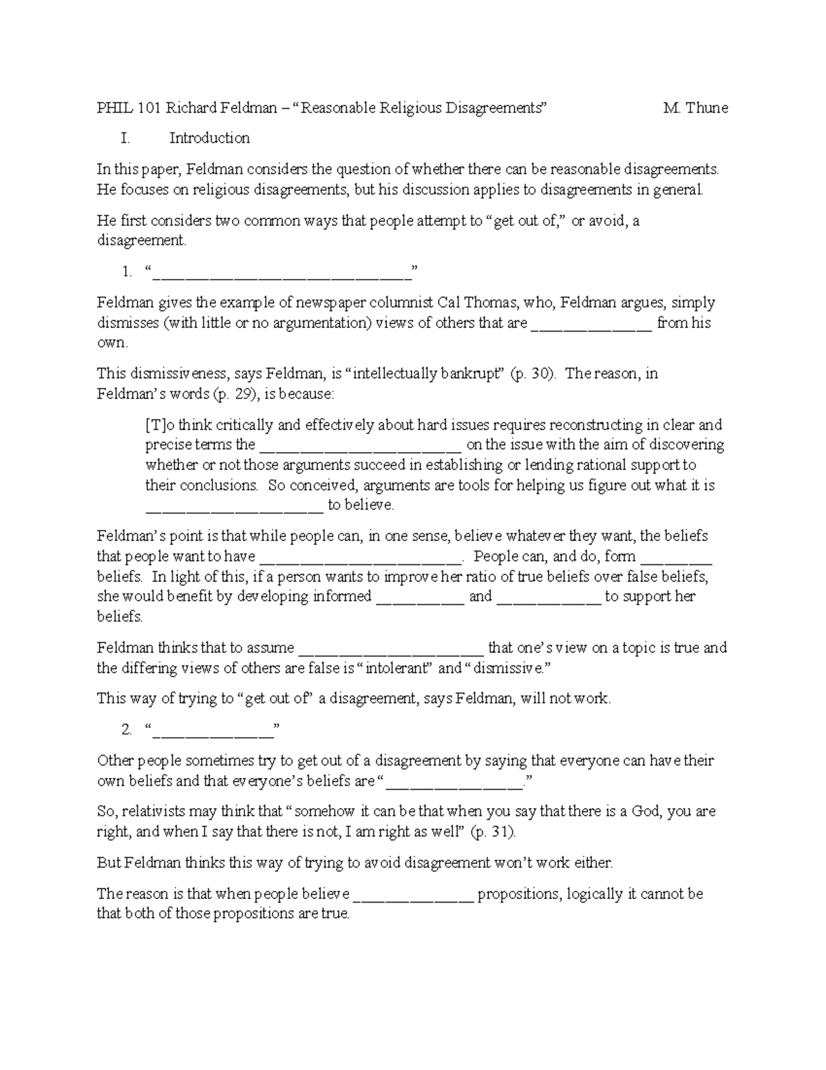 PHIL 101 Final Exam Notes: Reasonable Disagreements in Religion - Studocu