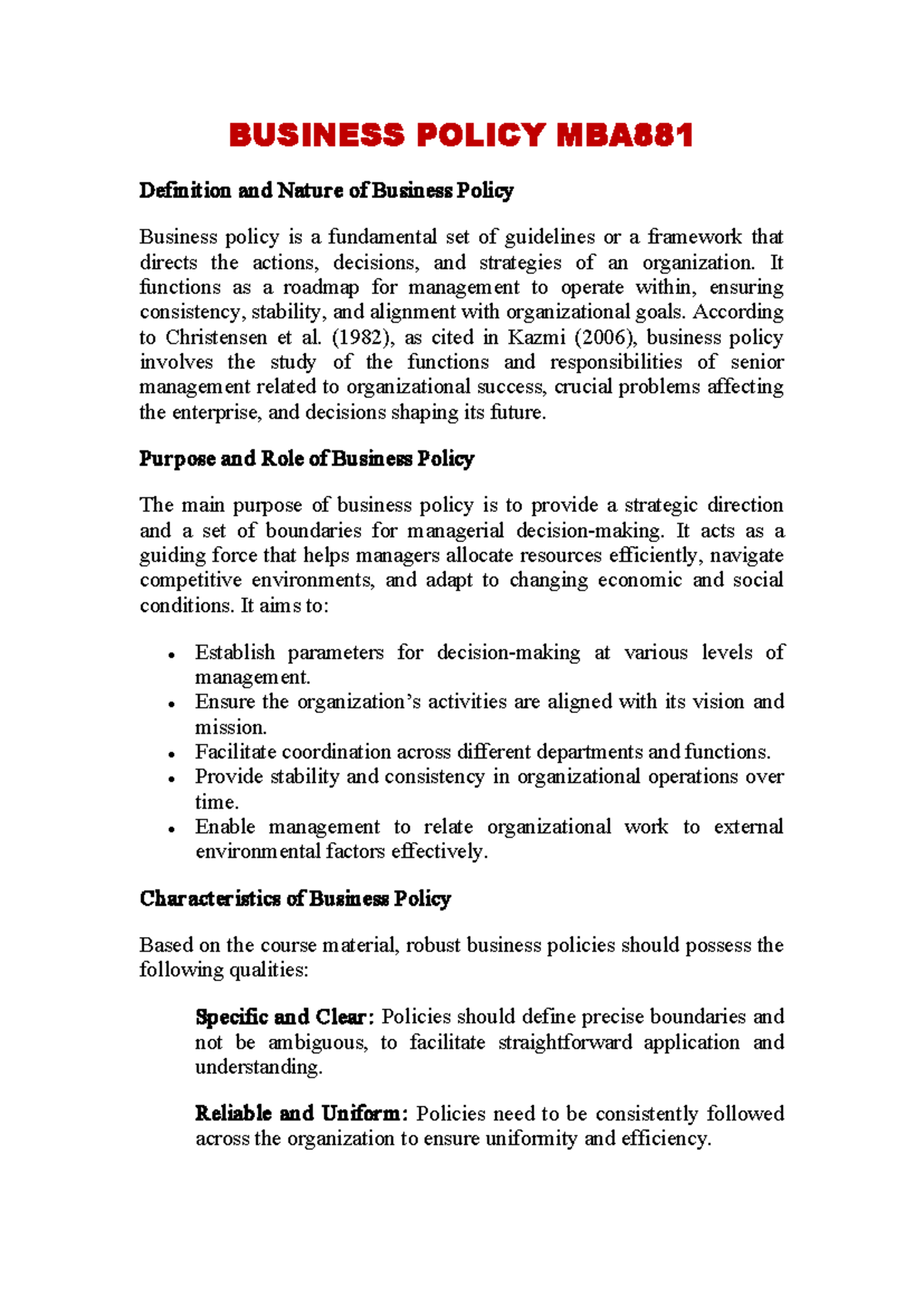 Business Policy Overview and Key Concepts - MBA881 - Studocu