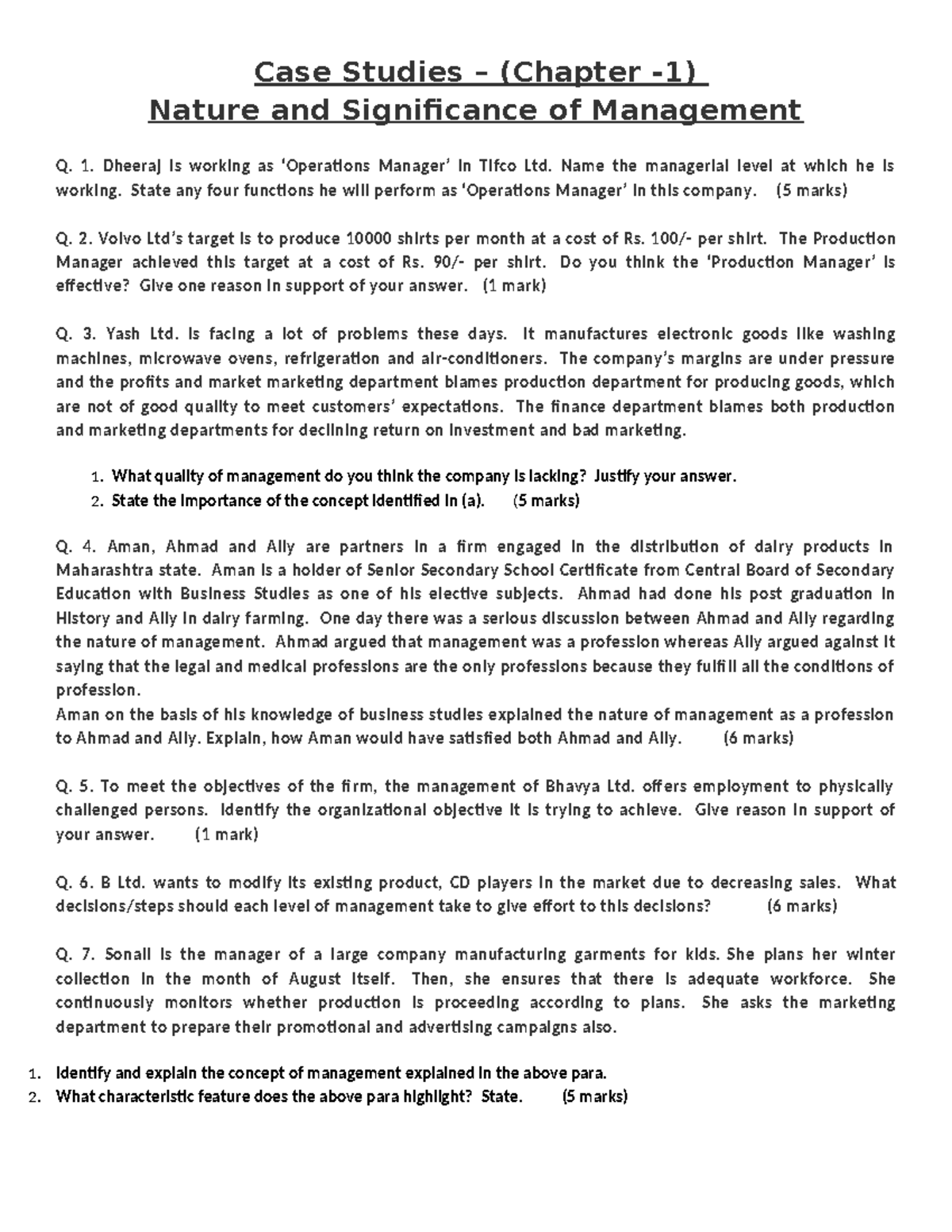Case Studies (Chapter 1) on Nature and Significance of Management - Studocu