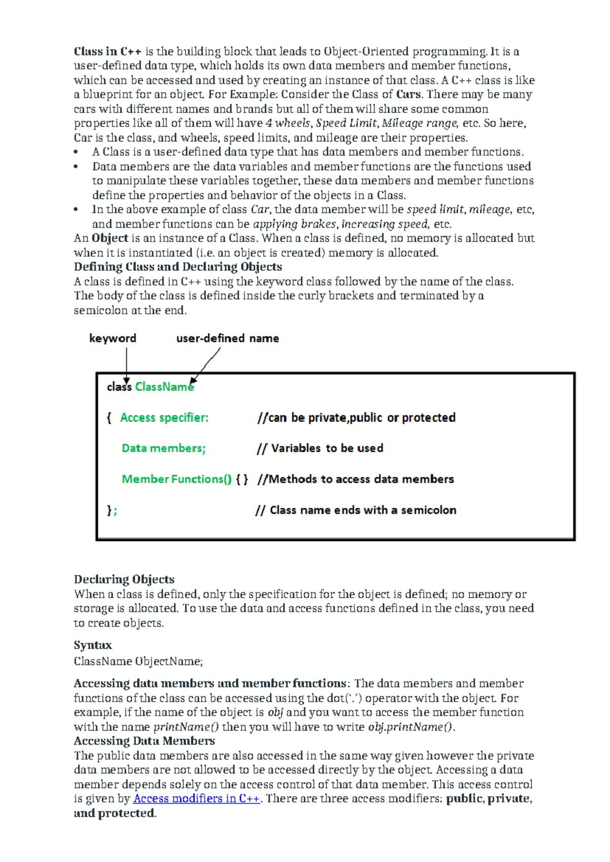 C++ Programming Unit II: Classes, Objects, and Member Functions Notes ...