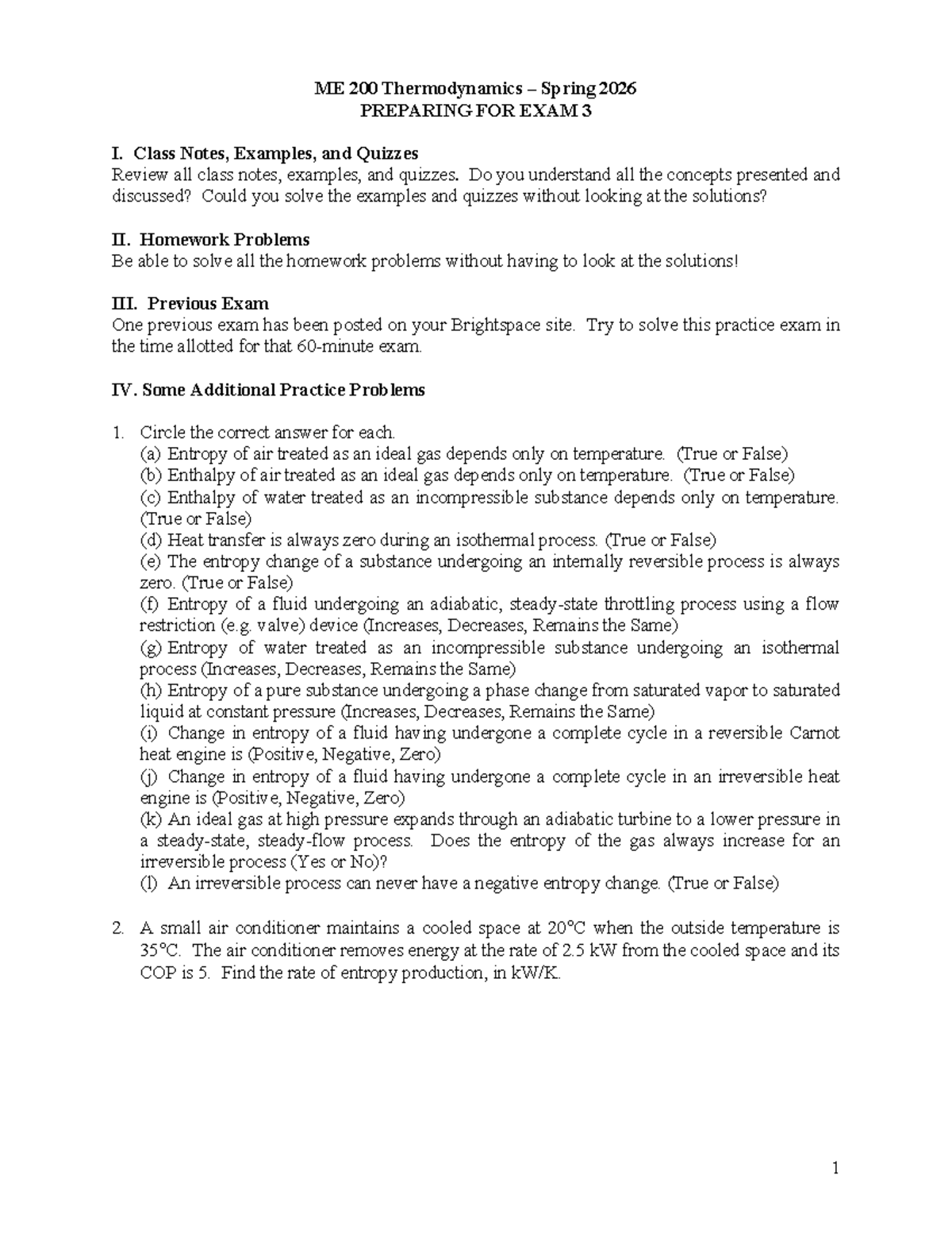 ME 200 Thermodynamics Spring 2026 Exam 3 Practice Problems Review - Studocu