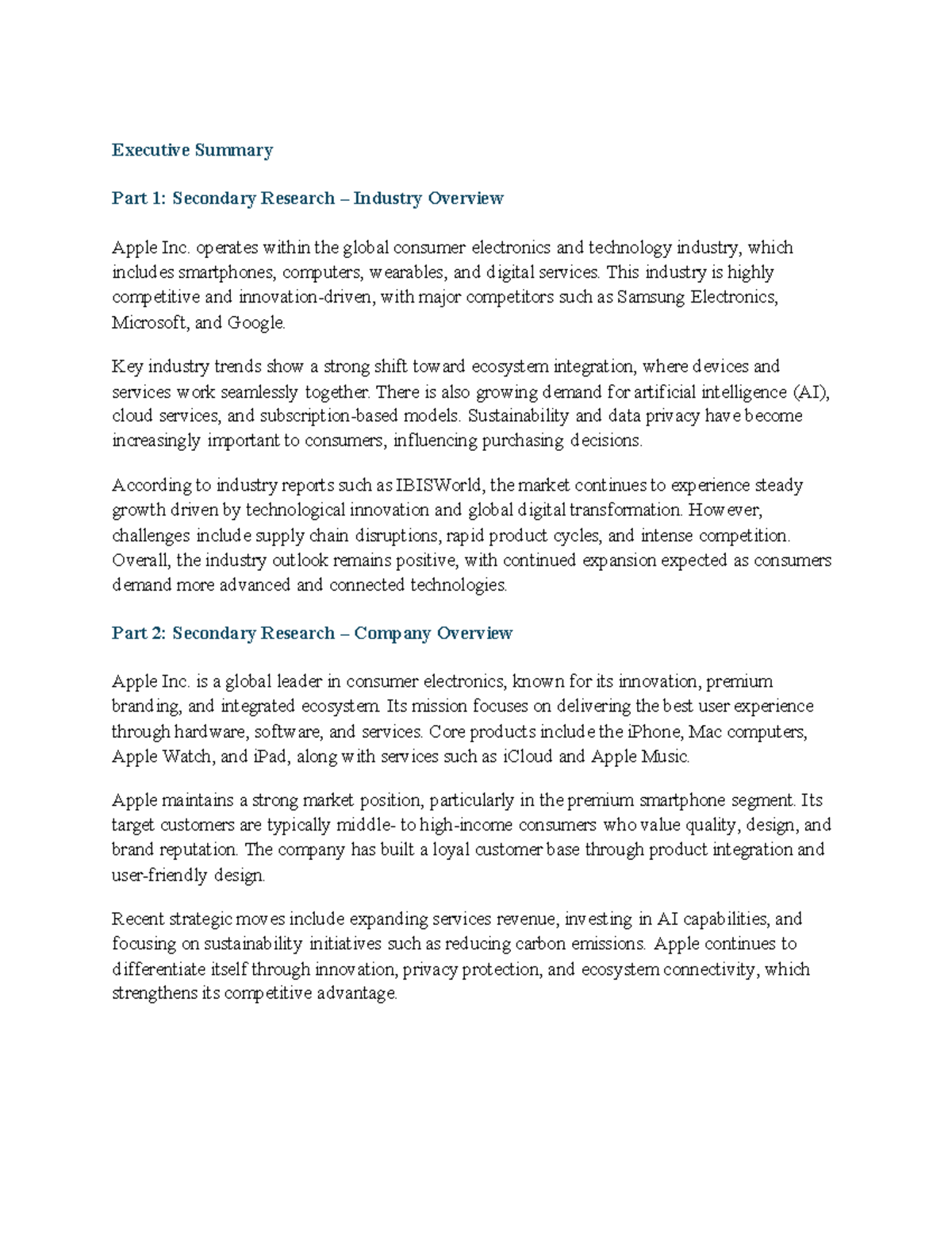 Executive Summary: Industry & Company Overview of Apple Inc. - Studocu