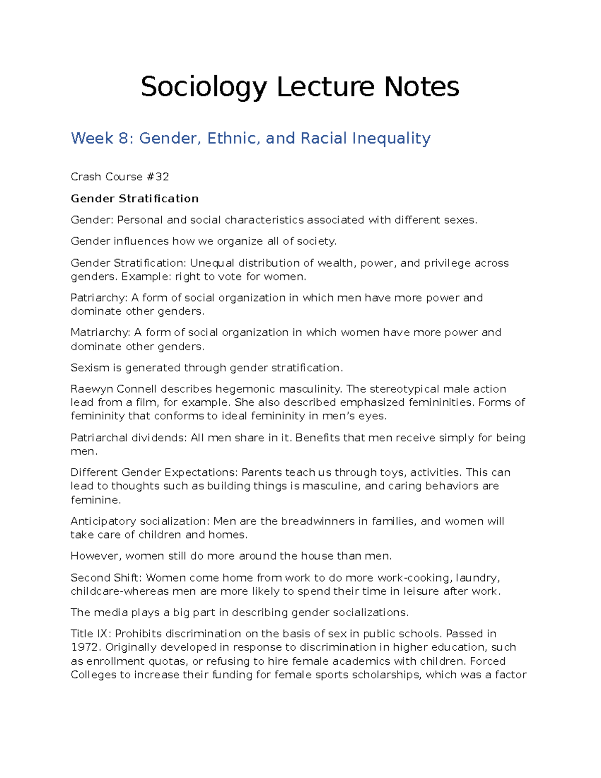 Sociology Lecture Notes: Week 8 on Gender & Racial Inequality - Studocu