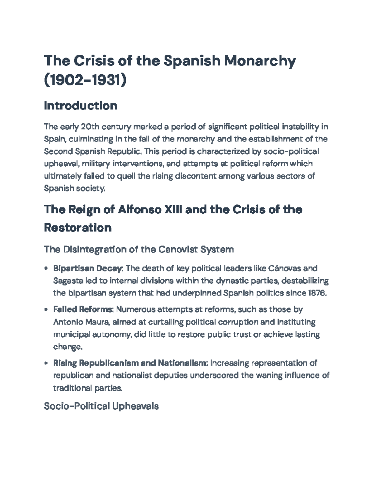 Crisis of the Spanish Monarchy (1902-1931): Factors & Impacts - Studocu