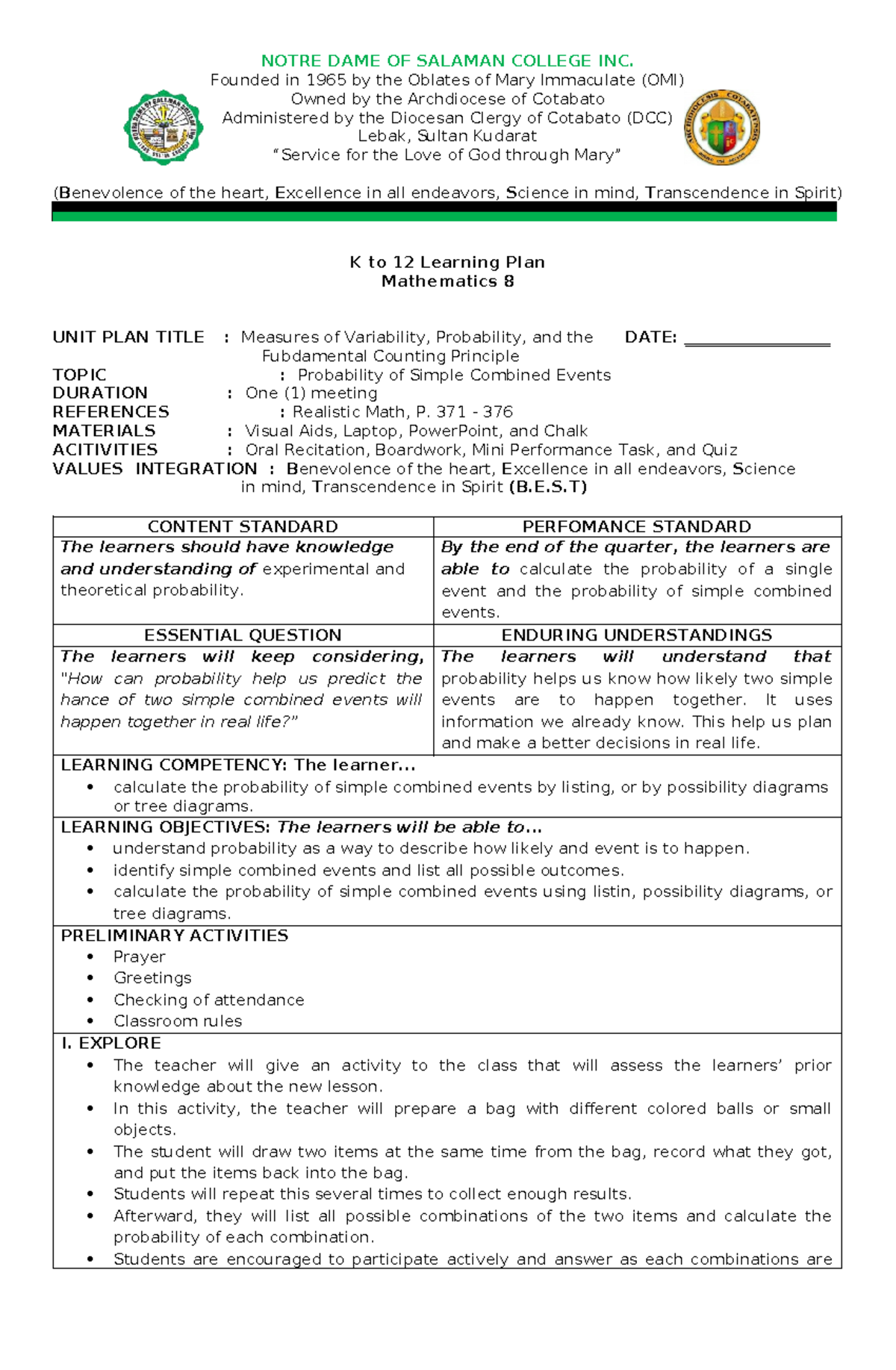 Mathematics 8 Unit Plan: Probability of Combined Events (Demo 101343 ...