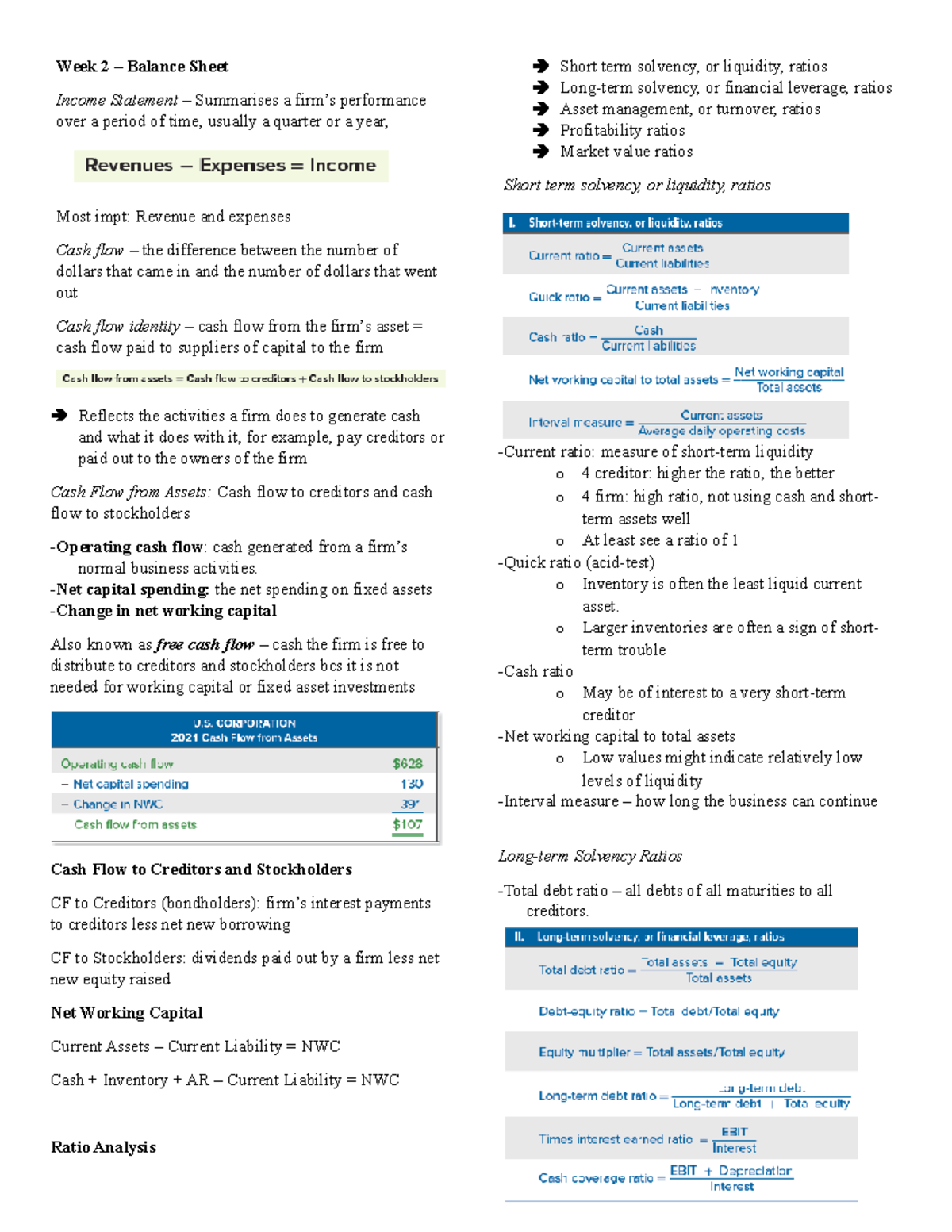 Week 2 - Financial Ratios & Cash Flow Lecture Notes - Studocu