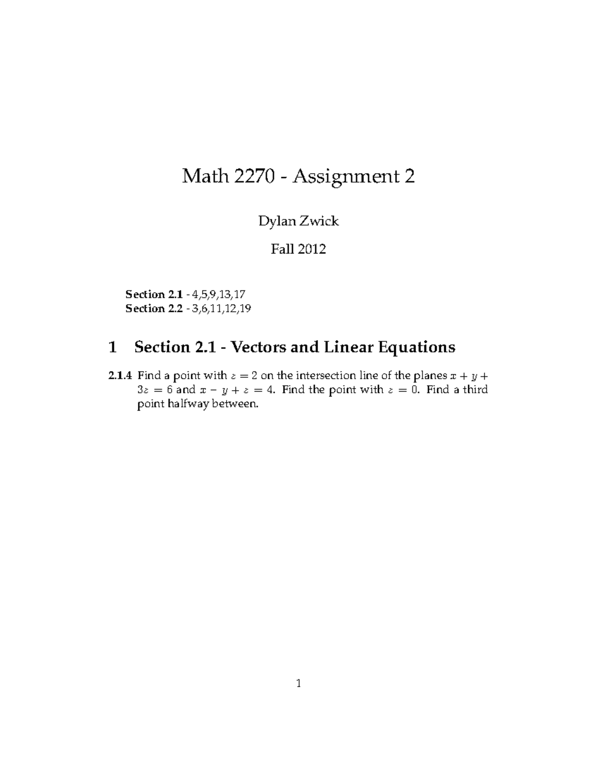 Math 2270: Seminar Assignment 2 Solutions - Vectors & Linear Equations ...