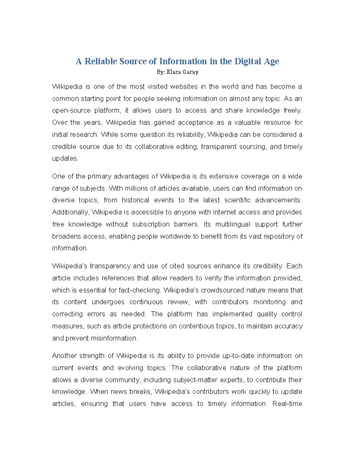 Wikipedia Essay: Evaluating Credibility in the Digital Age - Studocu