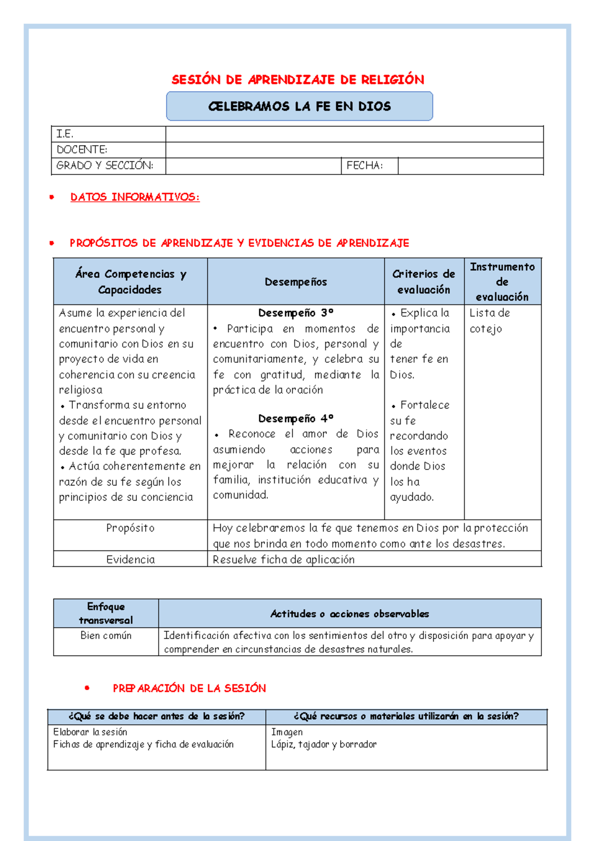 SES R MI FE EN DIOS - Sesión de Aprendizaje para 3er Grado de Religión - Document Preview