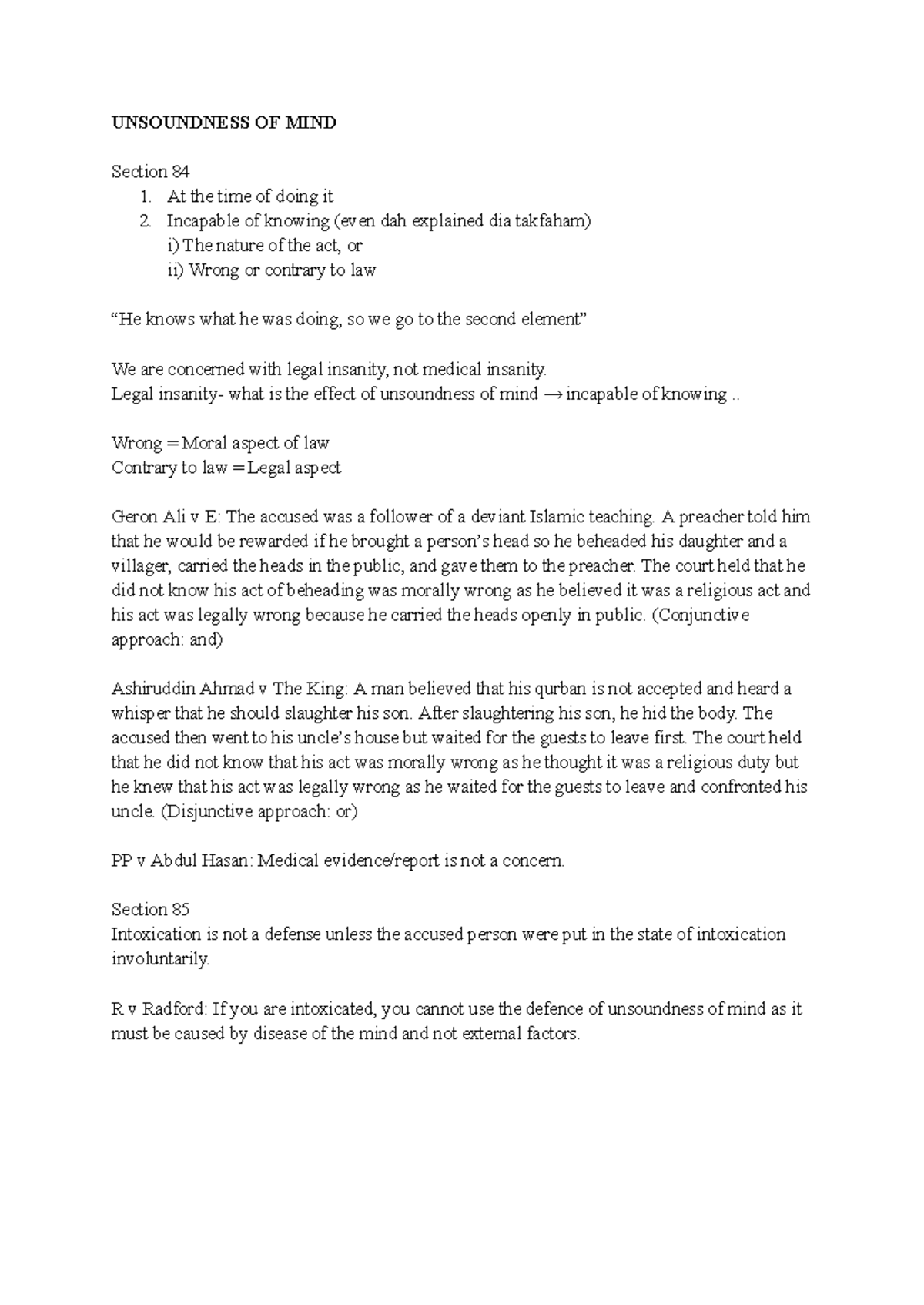 Final Criminal Law Notes: Unsoundness of Mind & Legal Insanity - Studocu