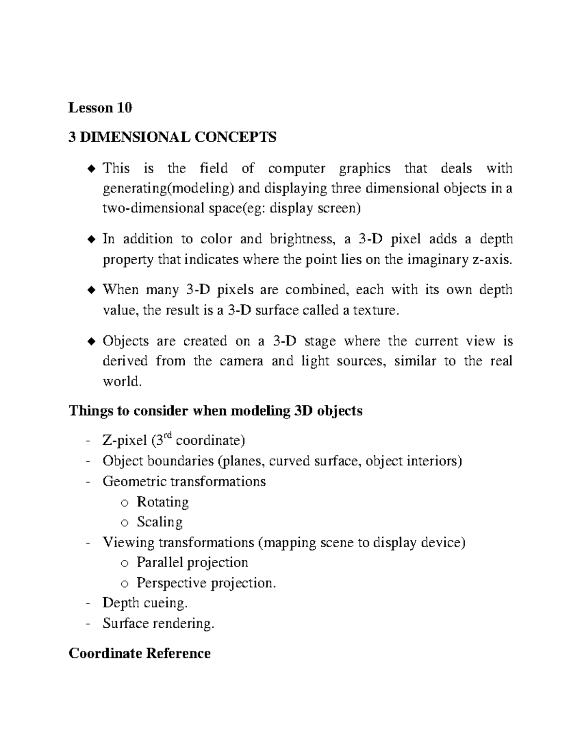 Topic 7: 3D Concepts - Notes on Computer Graphics (Lesson 10) - Studocu