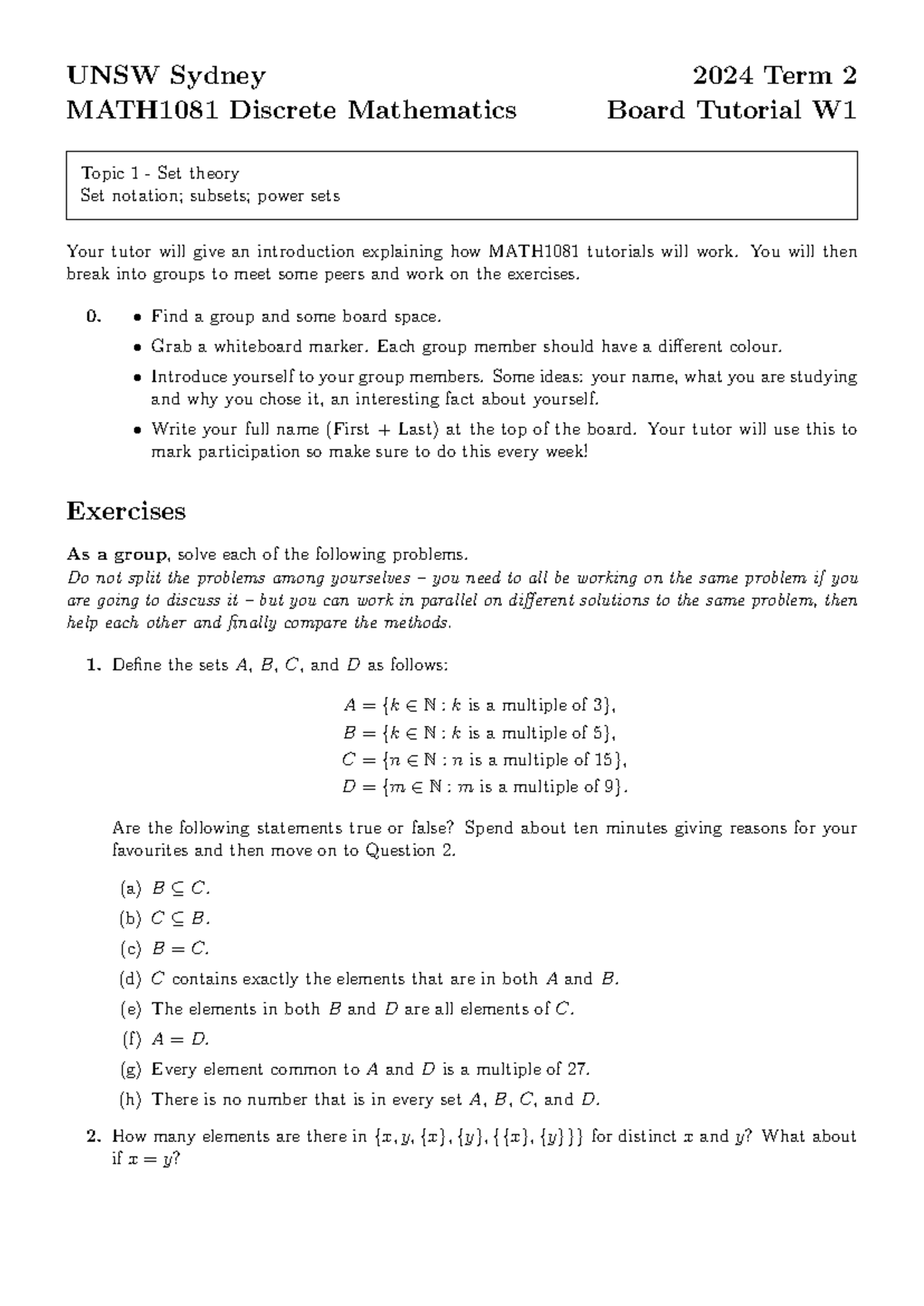 MATH1081 Discrete Mathematics Board Tutorial 1: Set Theory Exercises ...