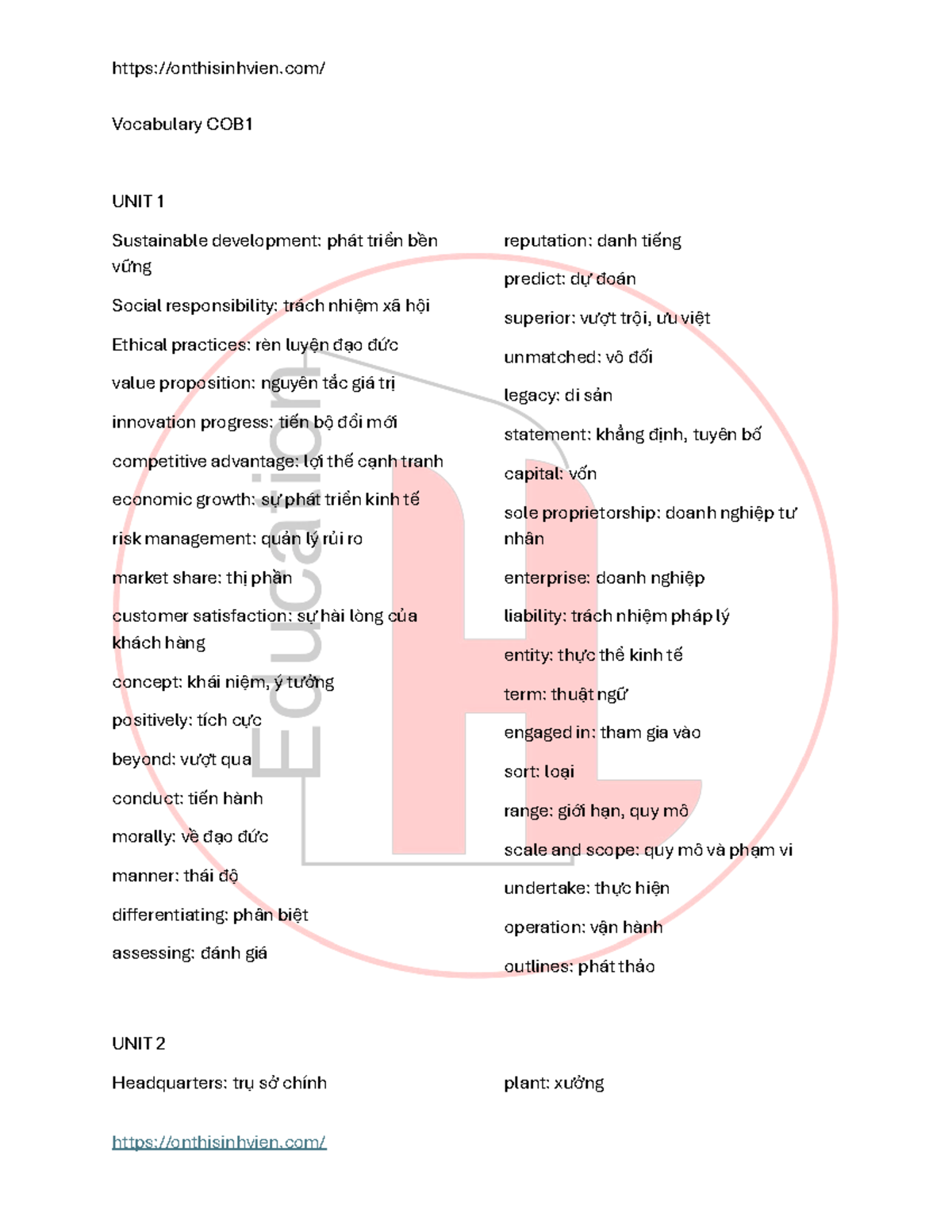 Vocabulary COB1 - Unit 1 to Unit 5 Overview and Key Terms - Studocu