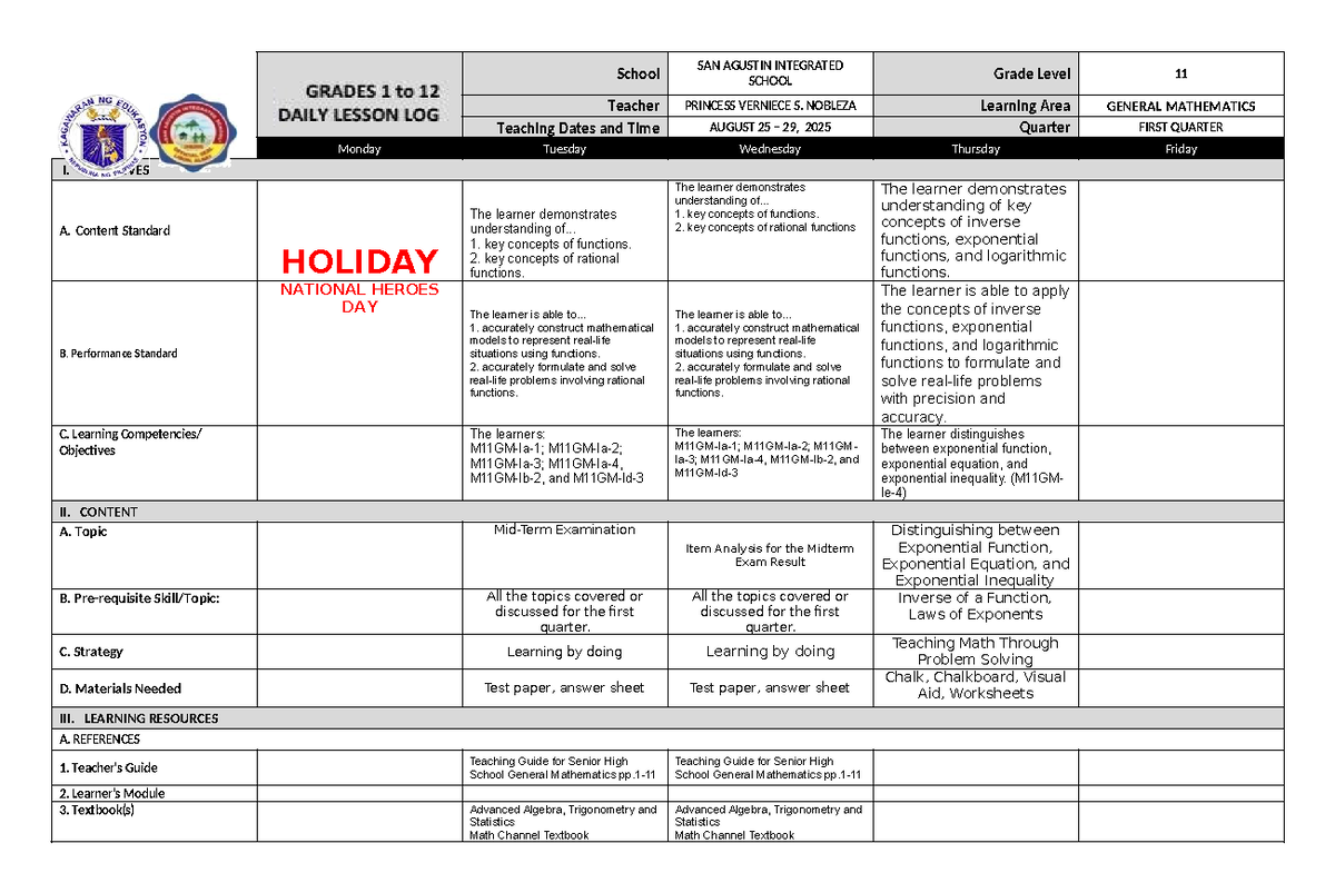 DLL GM W11 - Lesson Log for General Mathematics - Studocu