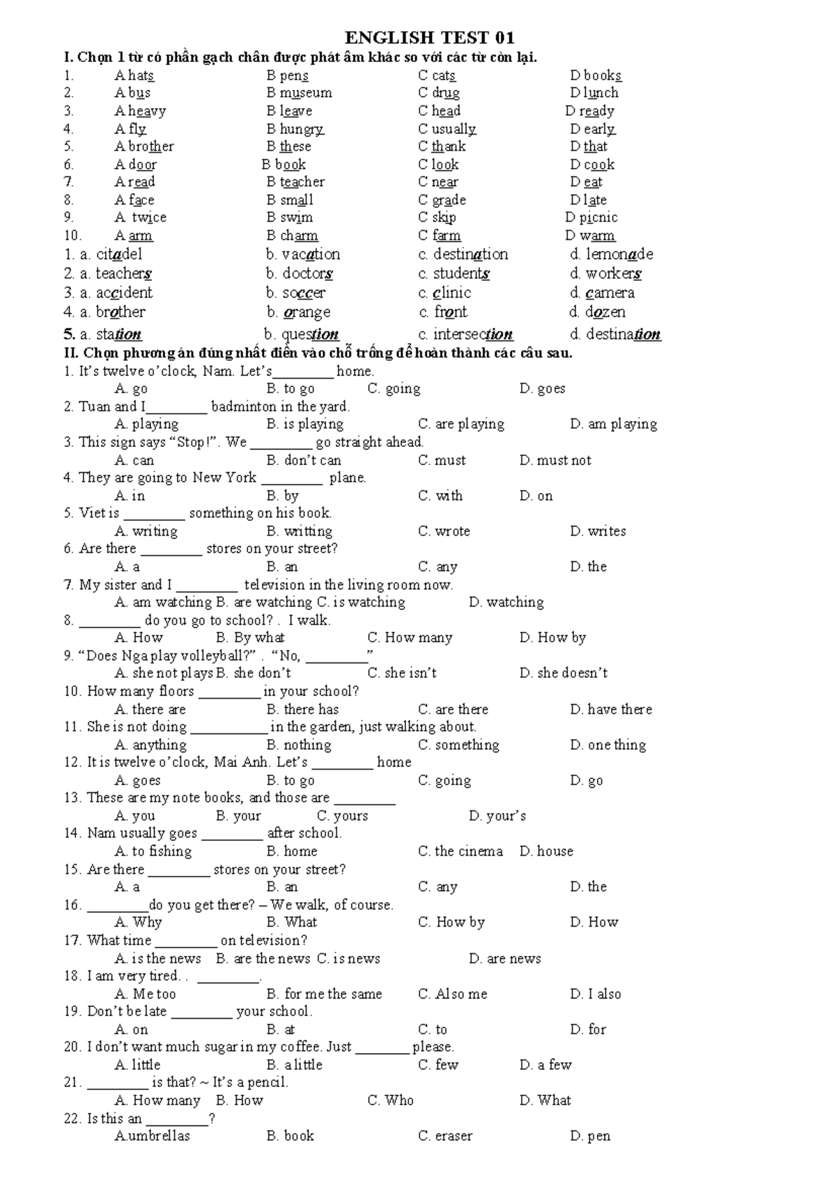 ENGLISH TEST 01 - HSD LỚP 6: PHÁT ÂM VÀ NGỮ PHÁP - Studocu