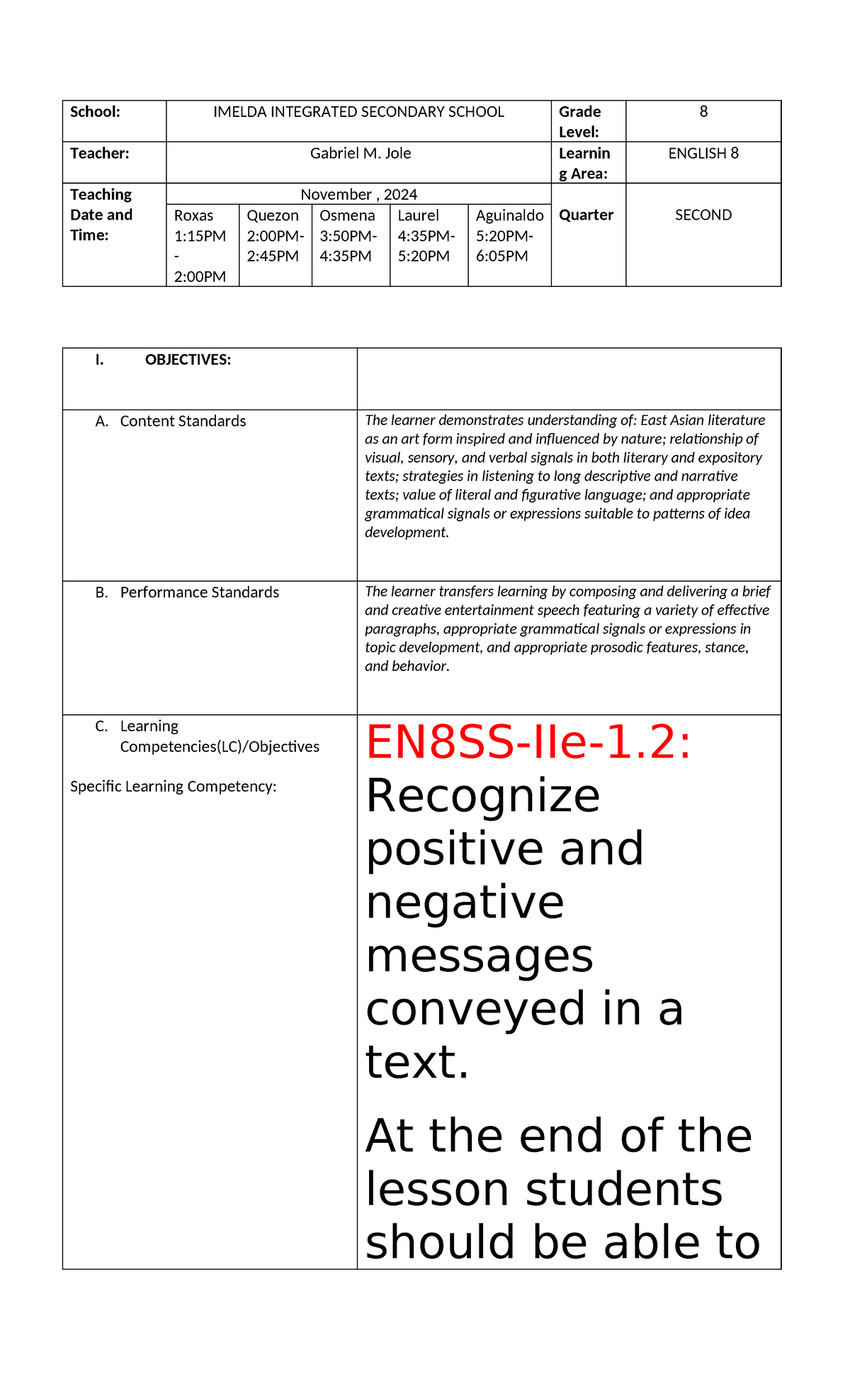 EN8 Figurative Language Lesson Plan for Grade 8 Students - Studocu