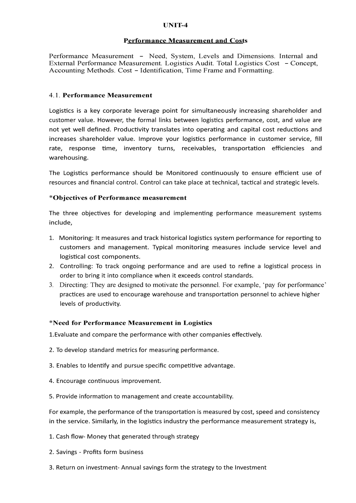 Performance Measurement & Cost Analysis in Logistics (Course Code ...