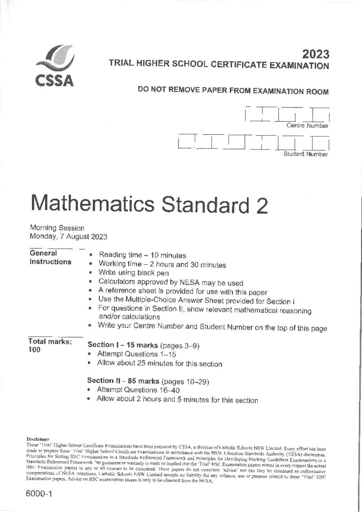 2023 HSC Mathematics Standard 2 Trial Exam Paper - CSSA - Studocu