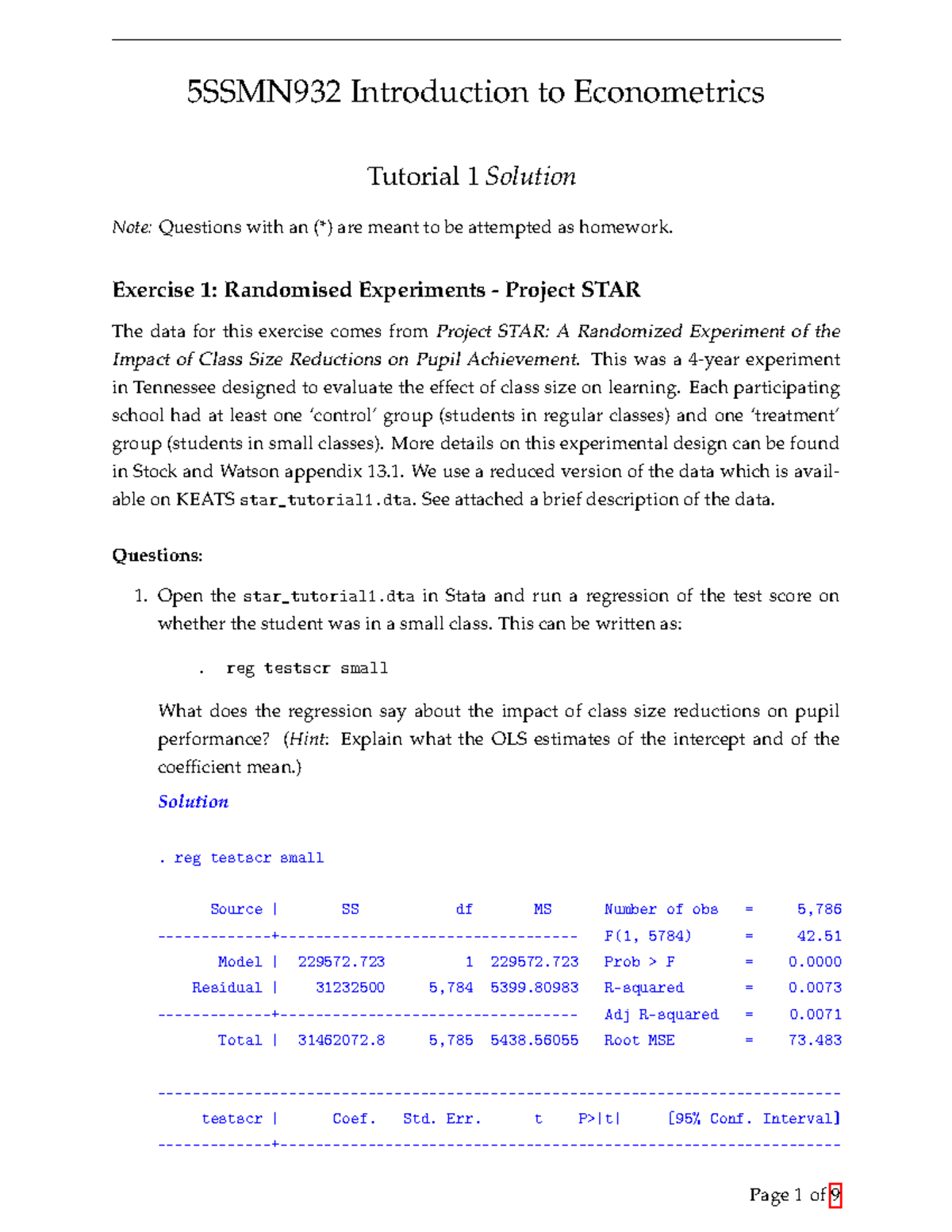 5SSMN932 Econometrics Tutorial 1 Solutions and Analysis - Studocu