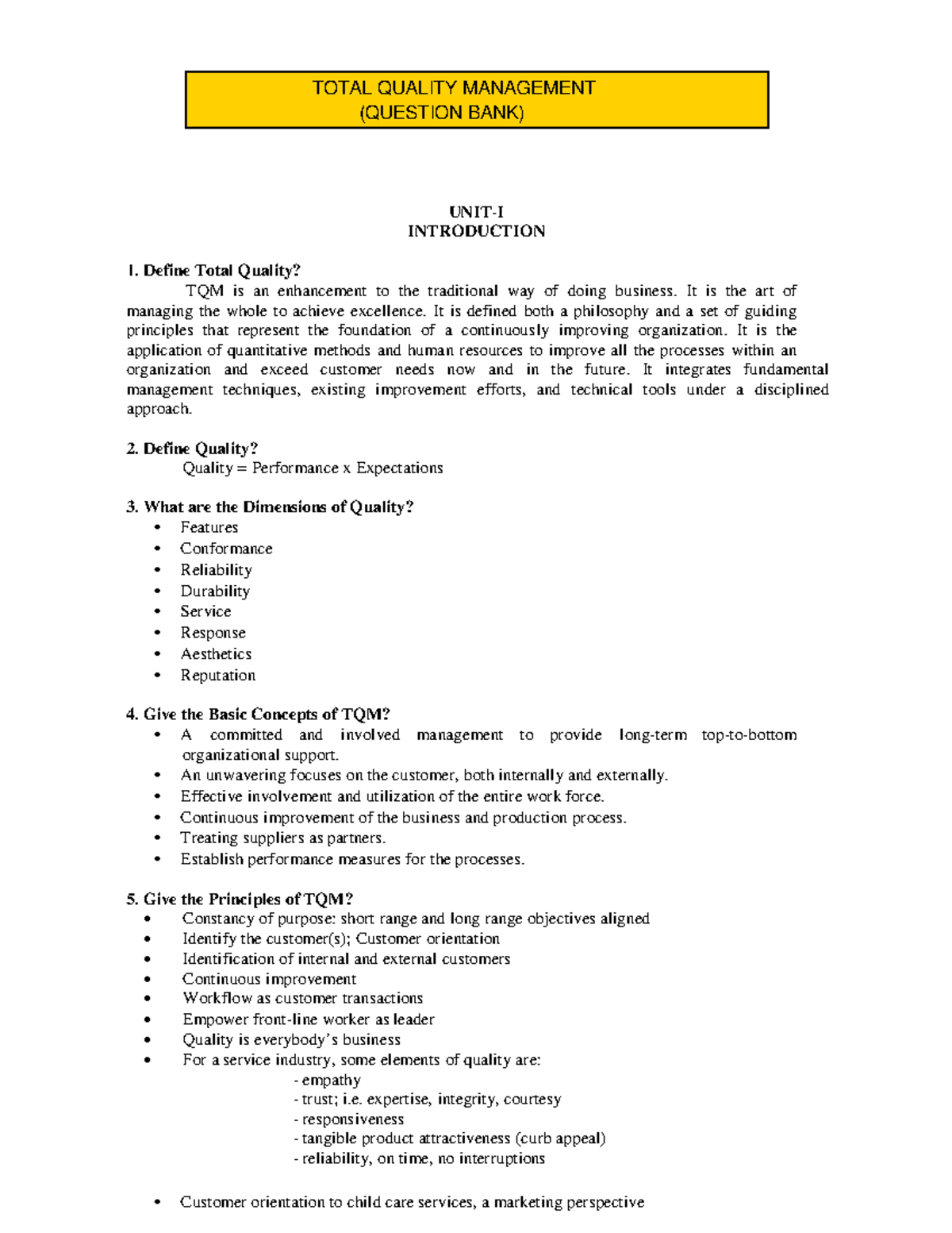 Comprehensive questions and answers - UNIT-I INTRODUCTION Define Total ...