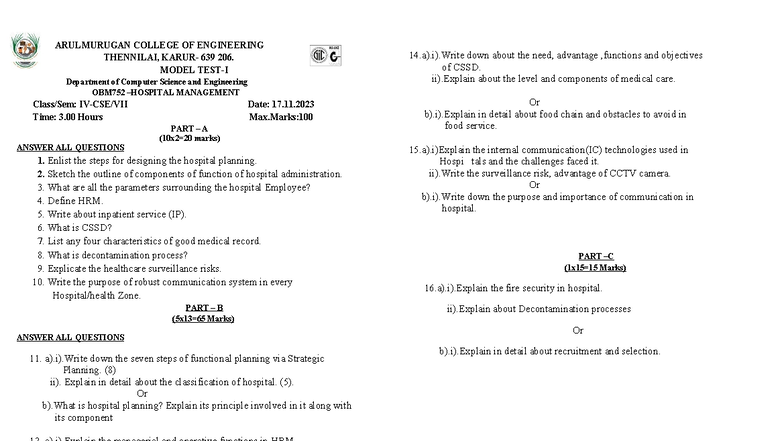 Model Exam Questions for OBM752 Management - ARULMURUGAN College - Studocu