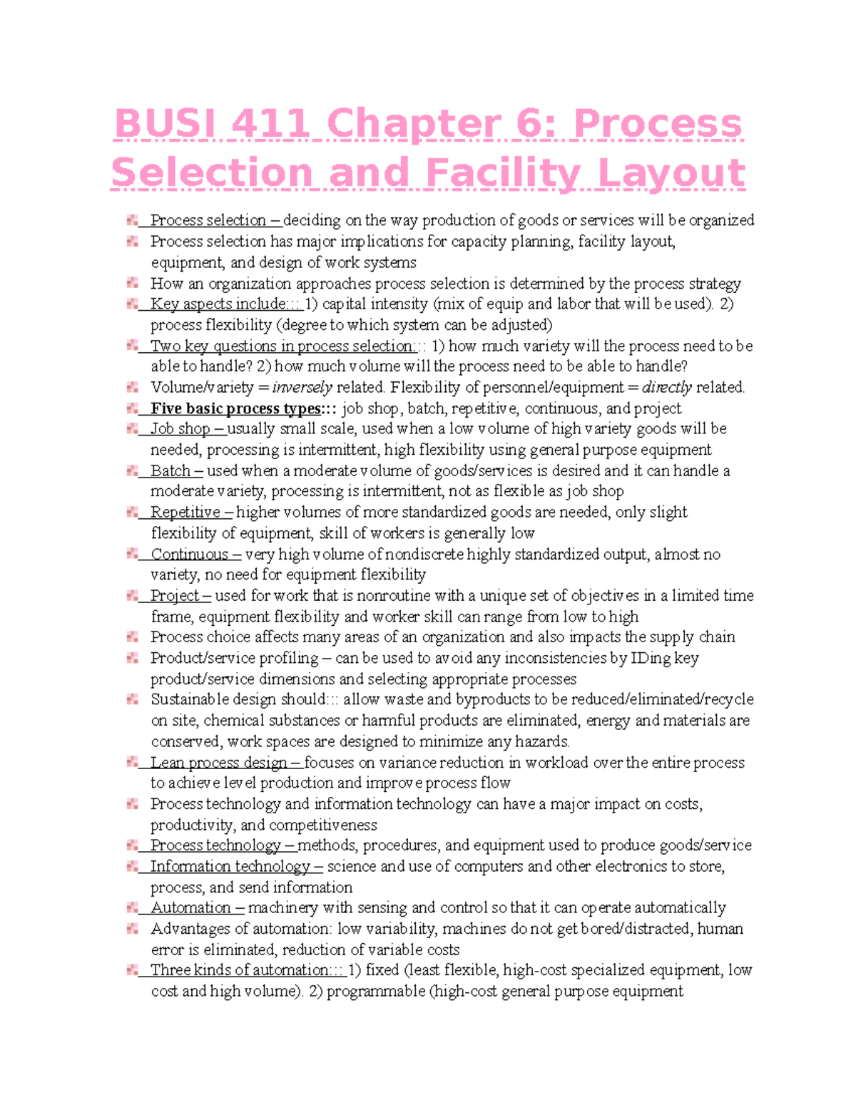 BUSI 411 Chapter 6: Insights on Process Selection & Facility Layout ...