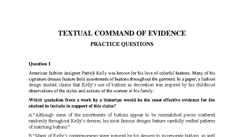 [BUỔI 2 - BÀI TẬP] Textual Command of Evidence Practice Questions - Studocu