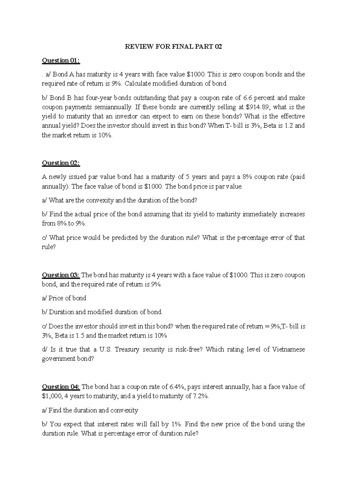 REVIEW FOR FINAL EXAM: Bond Analysis and Duration Calculations - Studocu