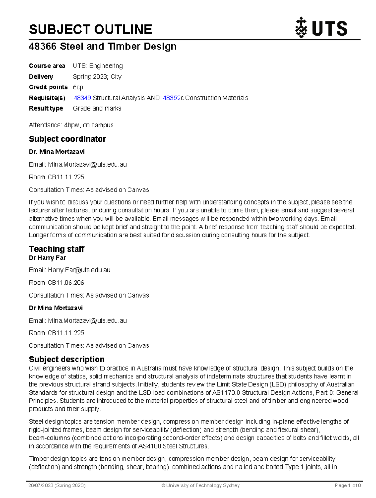 UTS 48366 Steel and Timber Design Subject Outline - Spring 2023 - Studocu