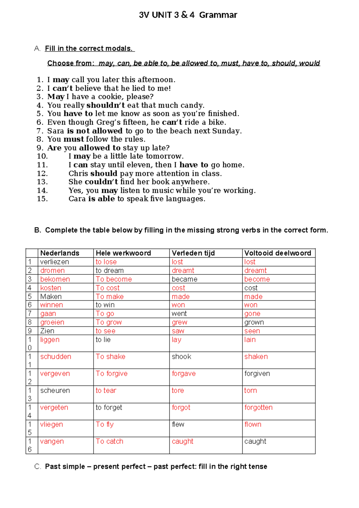 3V - U3 & 4 Grammar Practice Test on Modals and Tenses - Studeersnel
