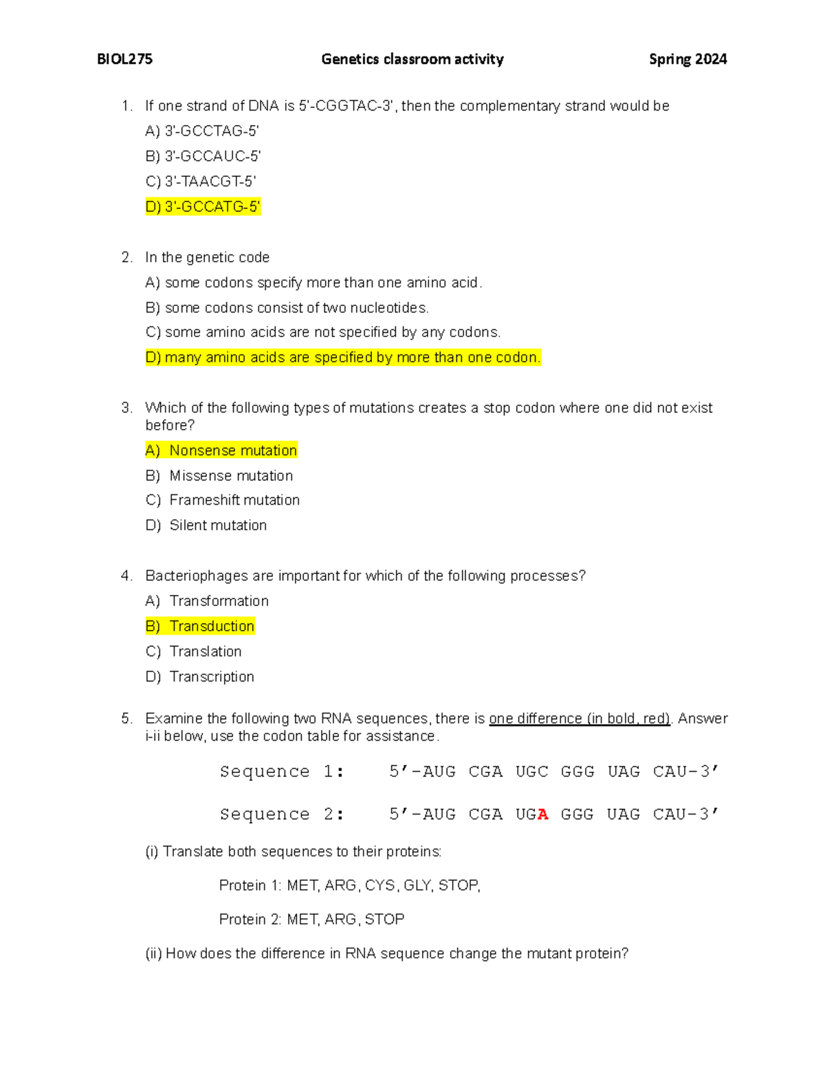 BIOL275 Genetics Classroom Activity Spring 2024 - Studocu