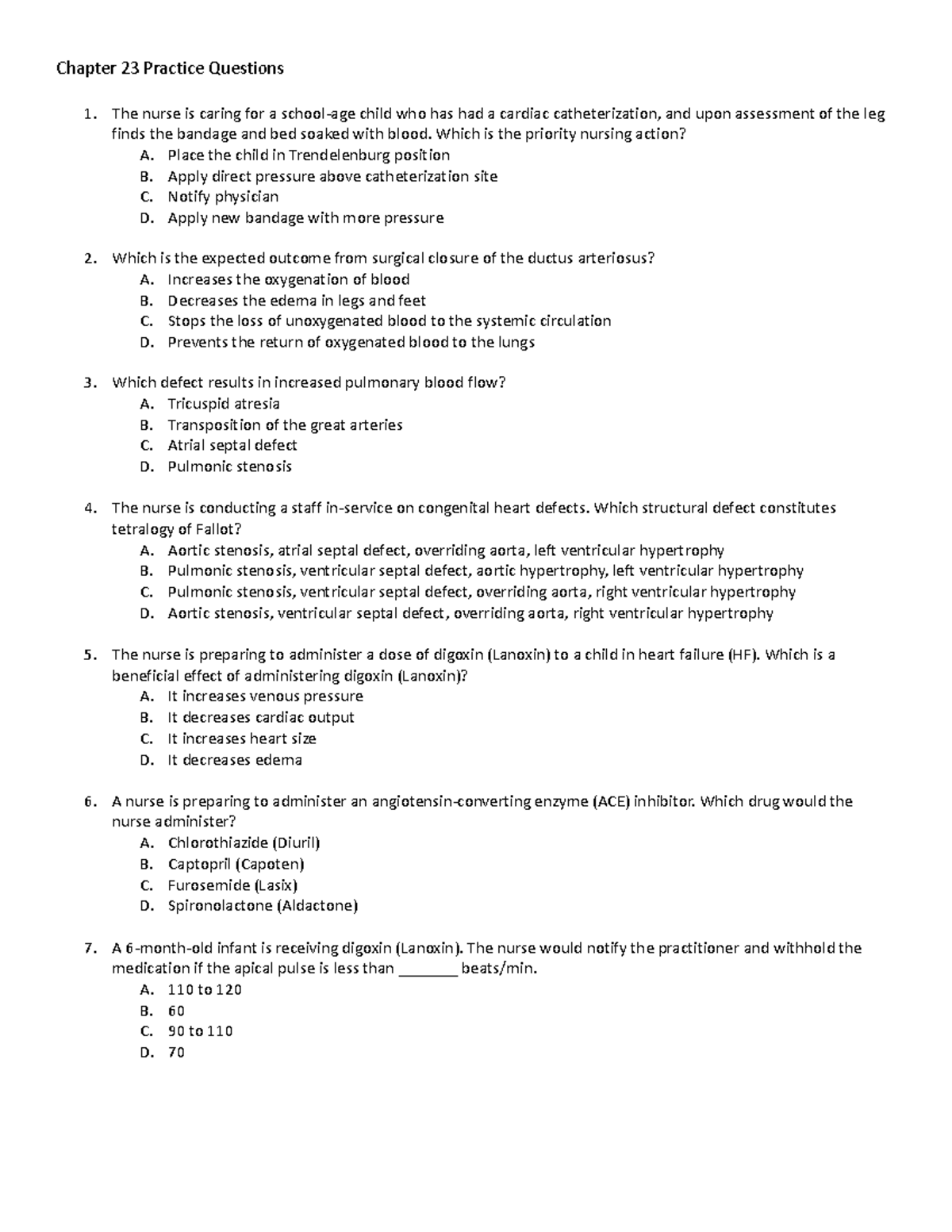 Chapter 23 Practice Questions: Cardiac Care Essentials for Nurses - Studocu