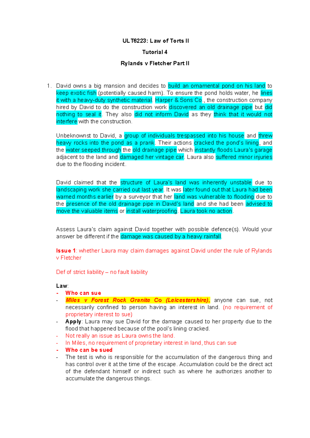 ULT6223: Law of Torts II Tutorial 4 - Rylands v Fletcher Analysis - Studocu