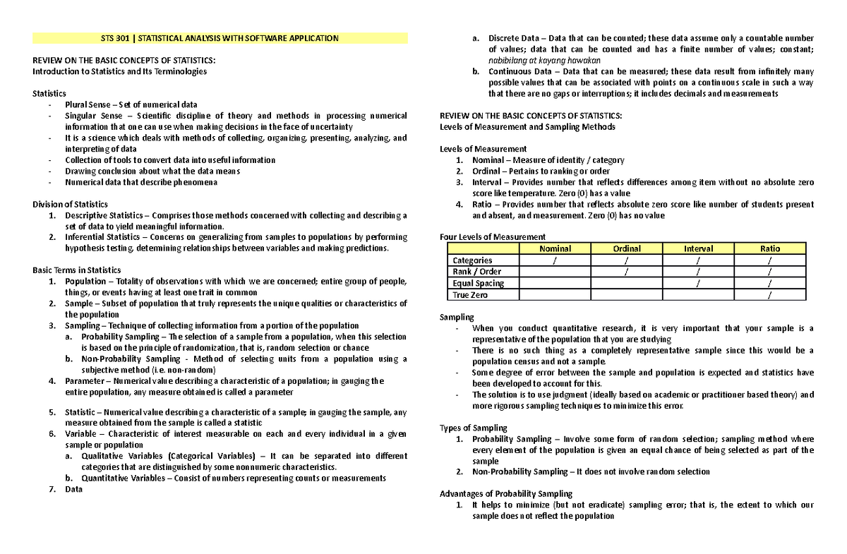 STS 301 - Final Exam Review: Statistical Analysis Concepts - Studocu