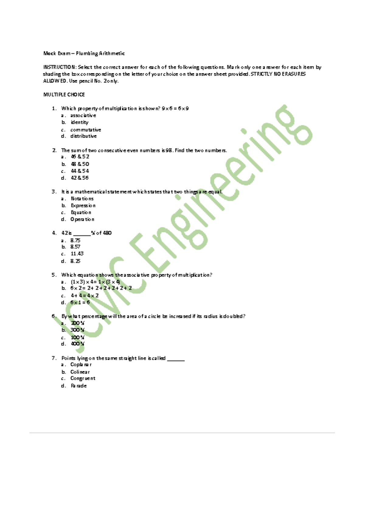 Mock Exam: Plumbing Arithmetic Practice Questions - Studocu