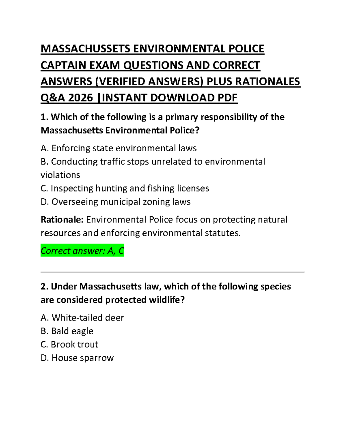 MASSACHUSETTS ENVIRONMENTAL POLICE CAPTAIN EXAM Q&A 2026 - Studocu