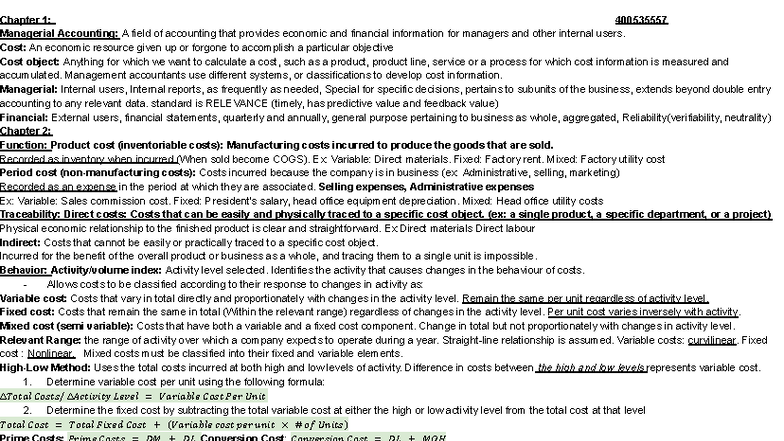 Managerial Accounting (ACCT 101): Midterm Cheat Sheet - Studocu