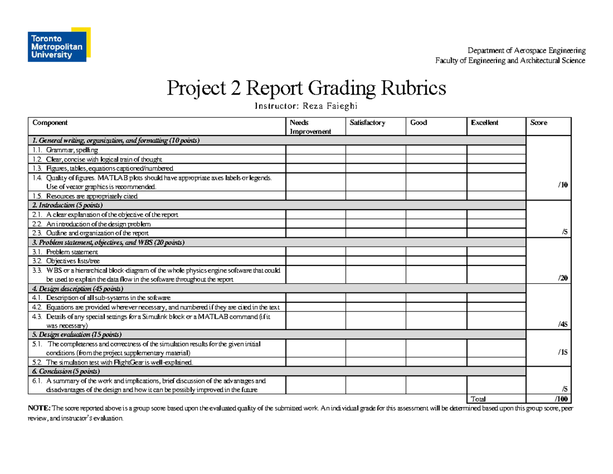 Aerospace Engineering Project 2 Report Grading Rubrics - Studocu