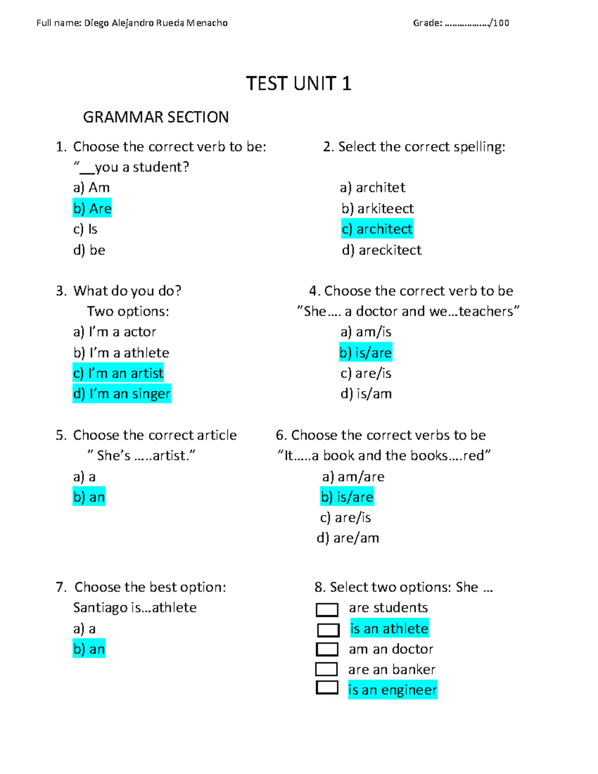 TEST 1 M1 Respuestas: Grammar & Reading Practice Exercises - Studocu