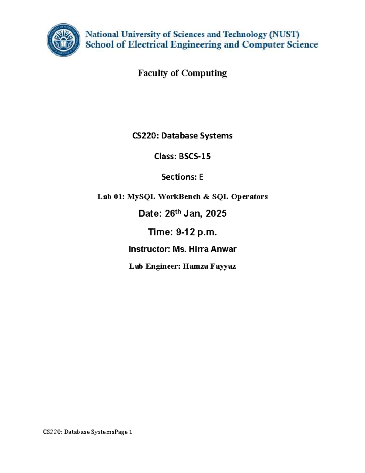 CS220: Database Systems Lab 01 - MySQL Workbench SQL Operators - Studocu