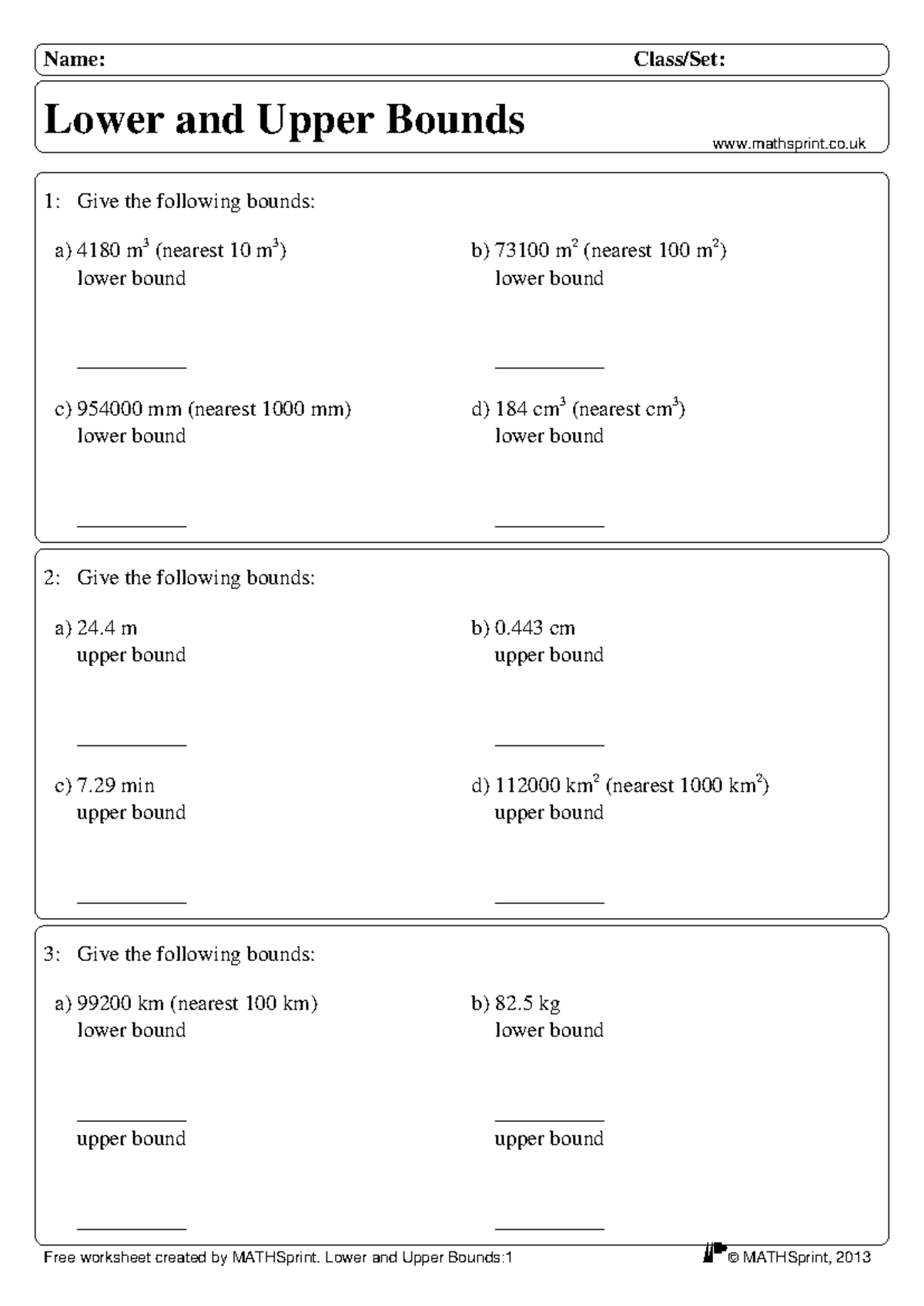 Upper and Lower Bounds Worksheet MATHSprint 2013 - Studocu