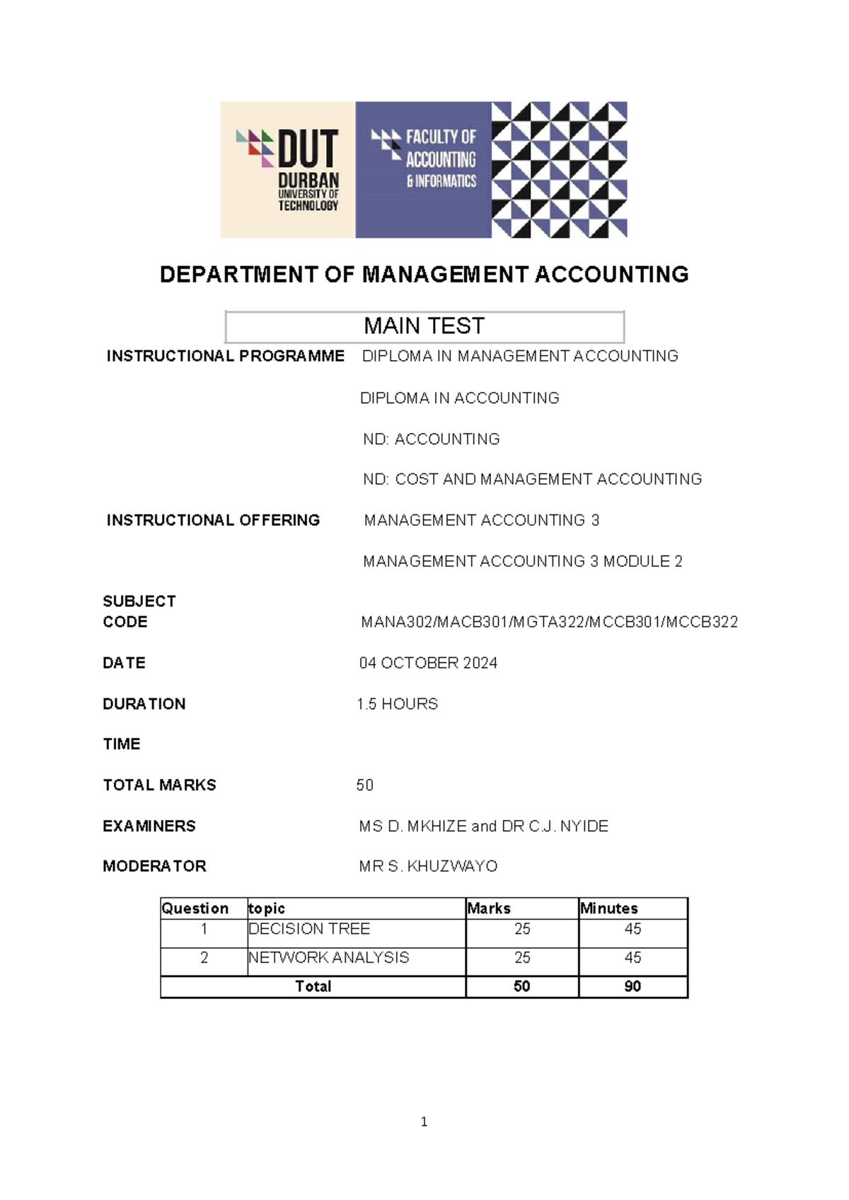 Manac 3 MAIN TEST 2 OCT 2024 - 1 DEPARTMENT OF MANAGEMENT ACCOUNTING ...
