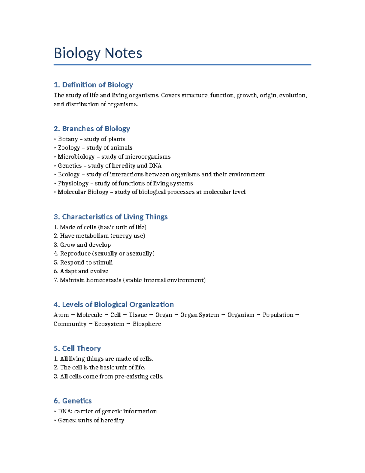 Biology Notes: Key Concepts and Definitions - Studocu