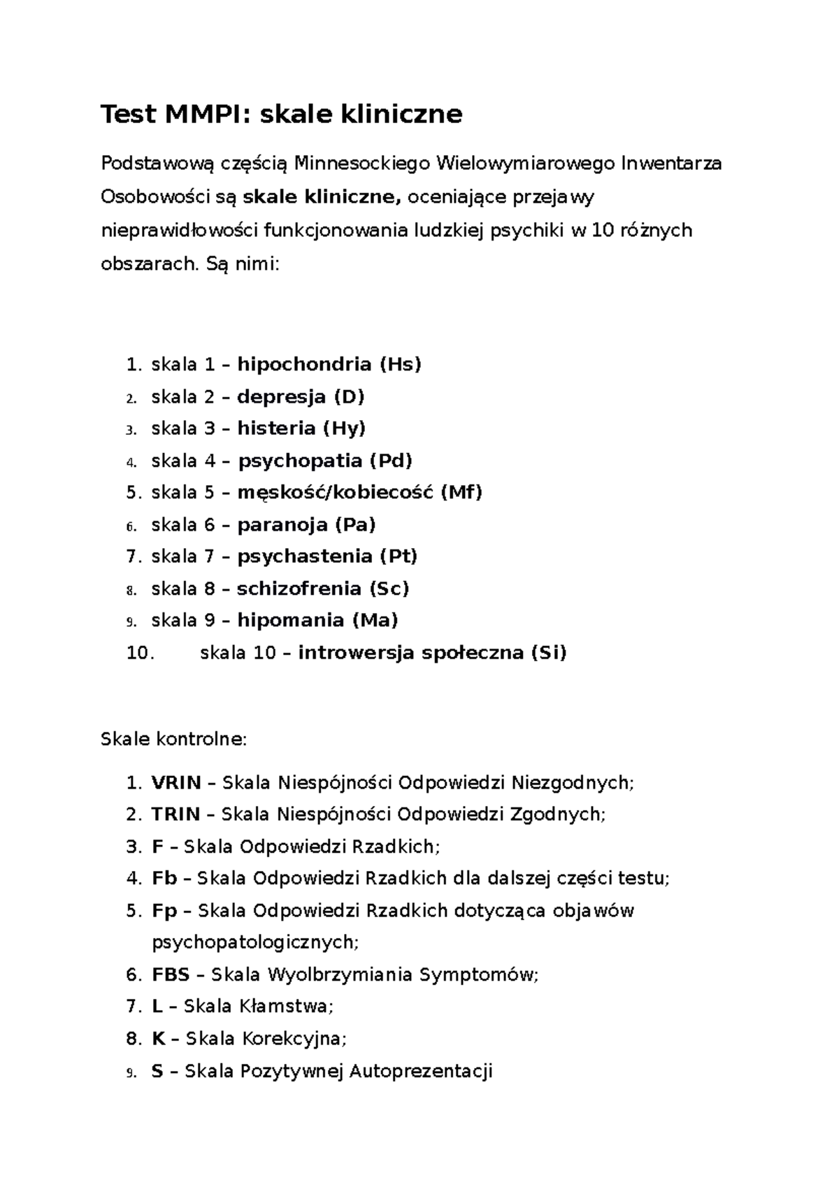Psychopatologia - Test MMPI: skale kliniczne Podstawową częścią ...