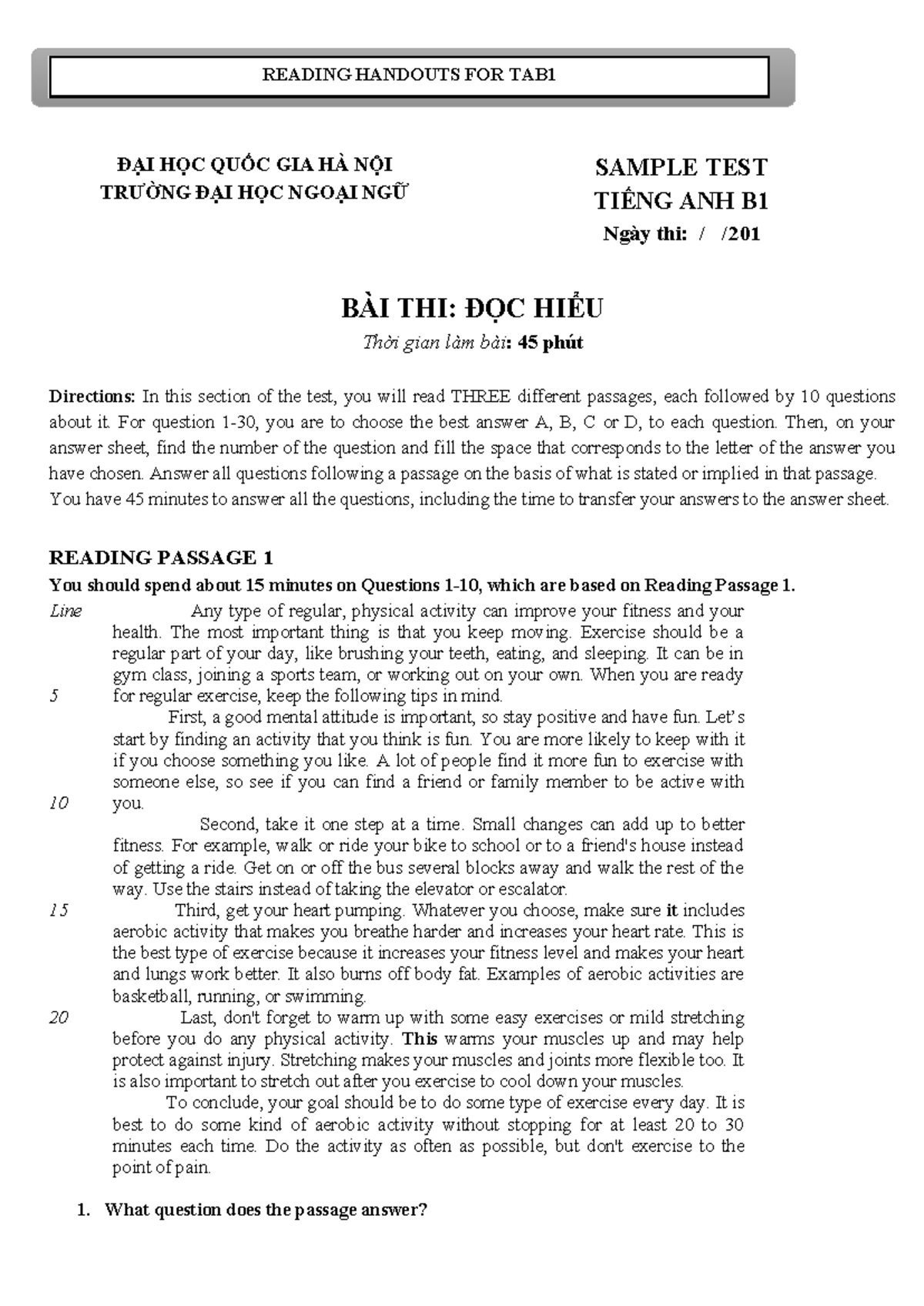 Tiếng Anh B1: Exam Practice Handout 4 for Reading Comprehension - Studocu