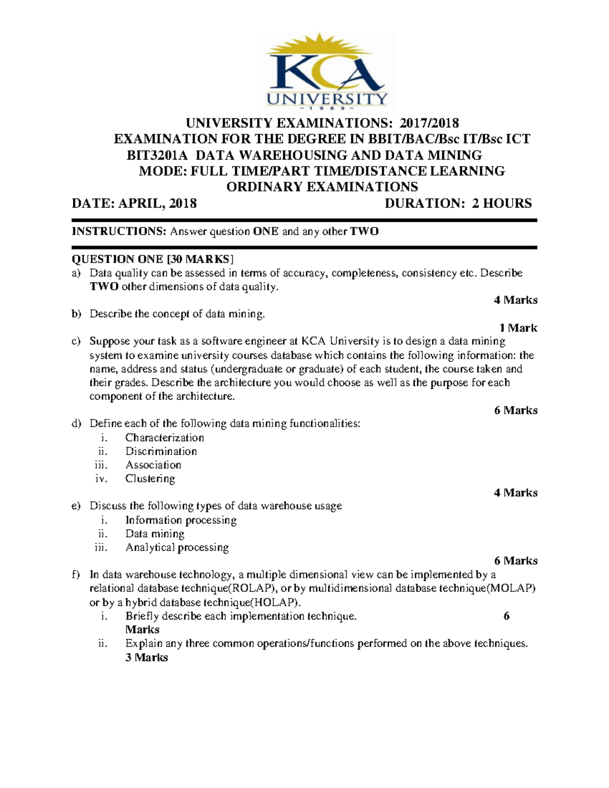 BIT3201A Final Exam: Data Warehousing & Data Mining (2018) - Document Preview